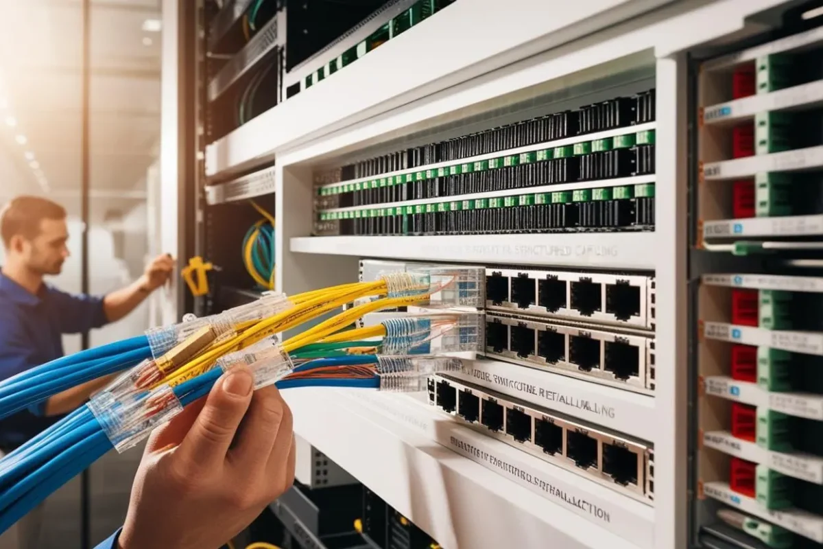 Technik sieciowy podłącza kable Ethernet i światłowodowe do panelu krosowego w centrum danych. W tle inny specjalista wykonuje prace serwisowe przy szafie serwerowej. Instalacja i modernizacja okablowania strukturalnego mają na celu poprawę wydajności i stabilności sieci.