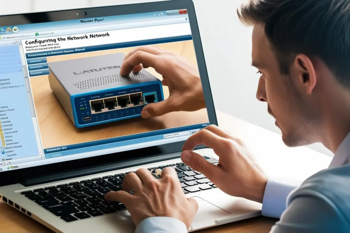 Informatyk konfigurujący urządzenie sieciowe za pomocą laptopa. Na ekranie widoczny jest panel administracyjny routera lub przełącznika, co wskazuje na proces dostosowywania ustawień sieciowych w celu optymalizacji wydajności i bezpieczeństwa połączenia.