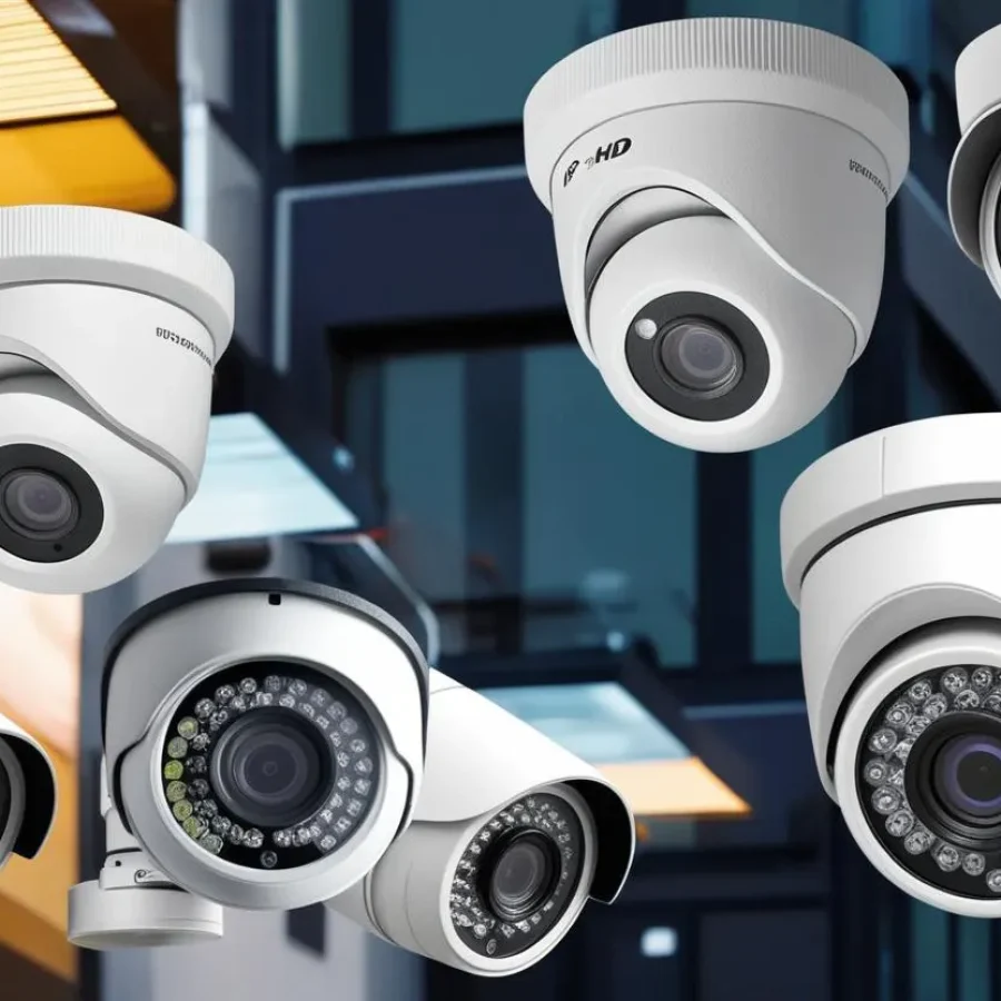 Różnorodne modele kamer CCTV Zestaw różnorodnych kamer CCTV zamontowanych na ścianie z widocznymi modelami zarówno kopułkowymi, jak i cylindrycznymi, wszystkie oznaczone jako HD, zapewniające monitoring wizyjny dla bezpieczeństwa.