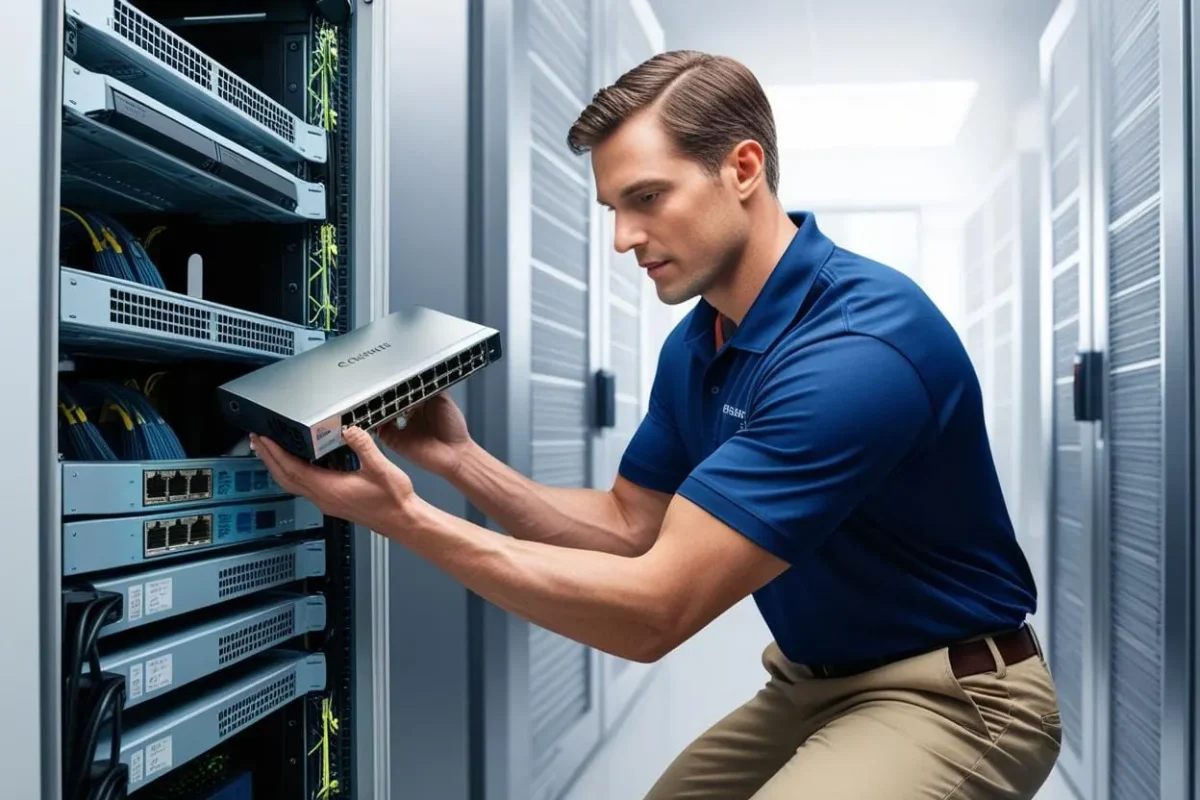 Specjalista IT modernizuje infrastrukturę sieciową, instalując nowy przełącznik w szafie serwerowej. Proces modernizacji obejmuje aktualizację sieci LAN, WiFi i światłowodowej w celu zwiększenia wydajności i bezpieczeństwa transmisji danych.