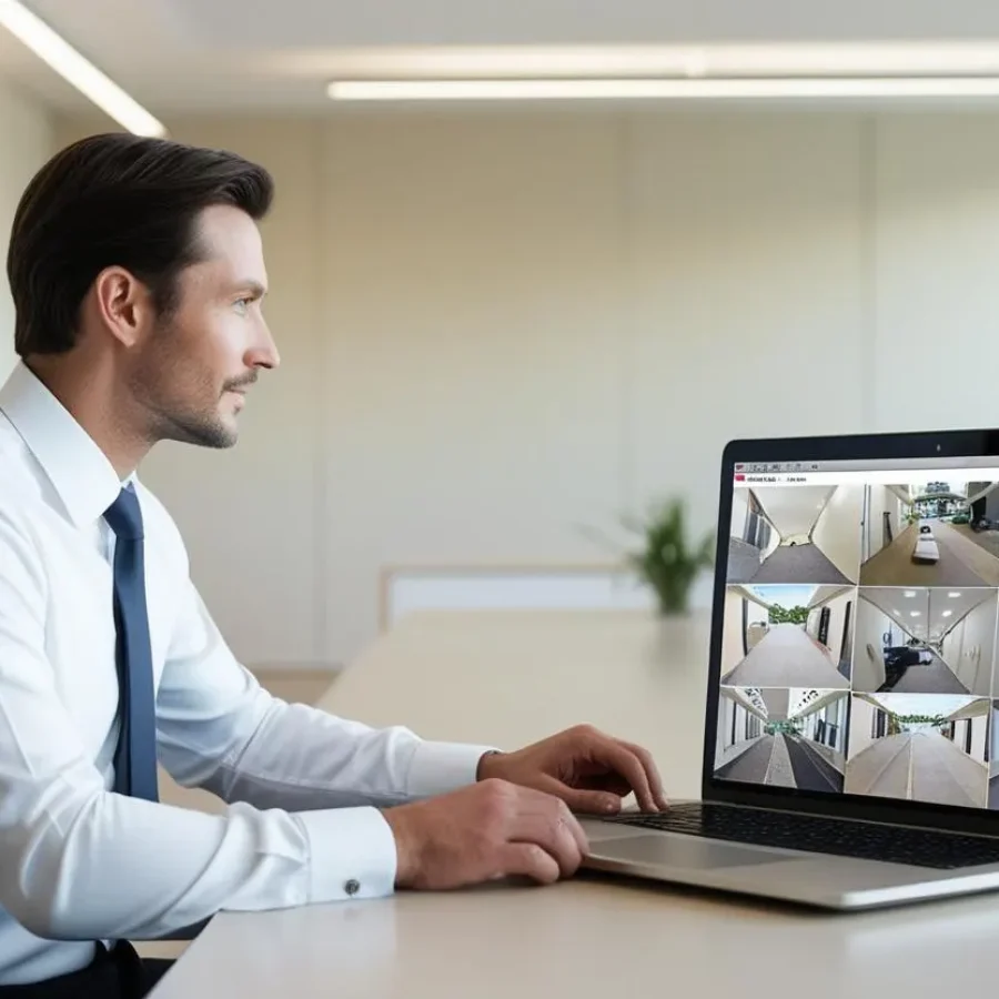 Monitoring Systemu Kamer CCTV Mężczyzna w białej koszuli i ciemnym krawacie pracujący na laptopie, na ekranie którego wyświetlane są obrazy z wielu kamer CCTV, monitorujących różne obszary budynku, w tym korytarze i zewnętrzne wejścia.