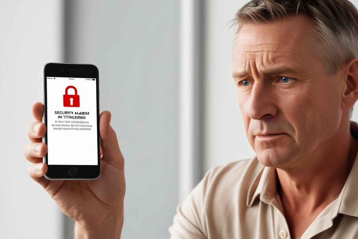Powiadomienie SMS Alarm Mężczyzna z telefonem w ręku alert o uruchomieniu alarmu.
